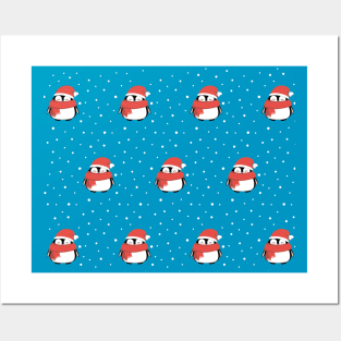 Winter cute penguins pattern with snow. Posters and Art